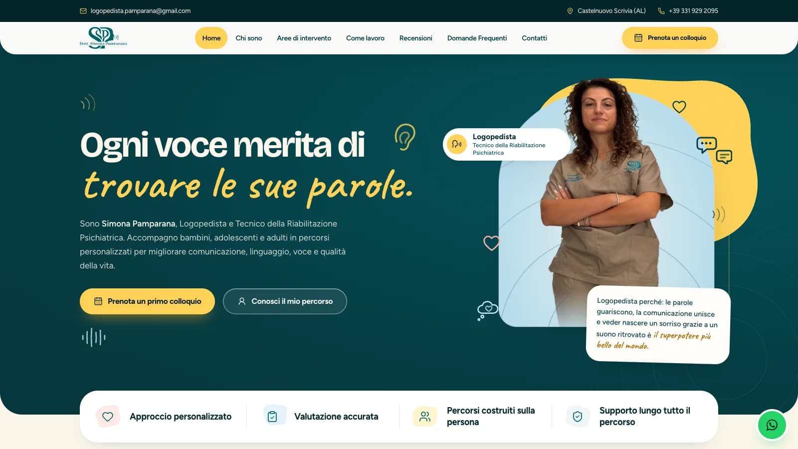 Homepage del sito di Simona Pamparana, logopedista a Castelnuovo Scrivia, con titolo «Ogni voce merita di trovare le sue parole» e ritratto della professionista